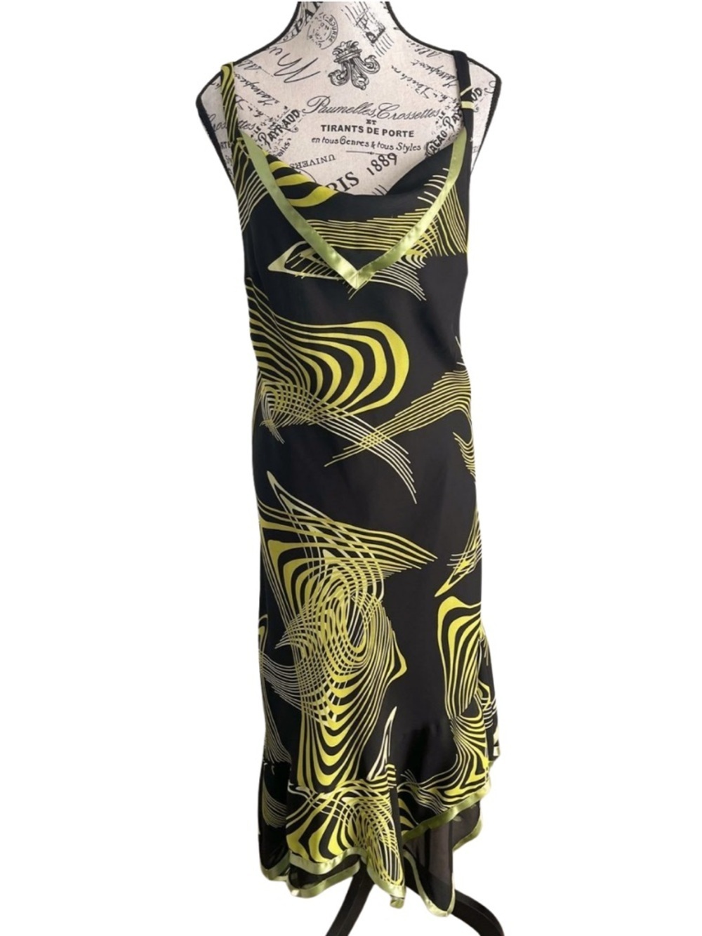 🇨🇦 Y2K Frank Lyman Black Cowl Slip Midi Dress asymmetrical hem green